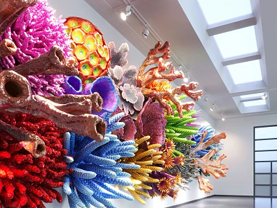 Vibrant Coral Shaped Art Installation In Modern Shopping Mall Lobby With Bright Ceiling Lights 3d model