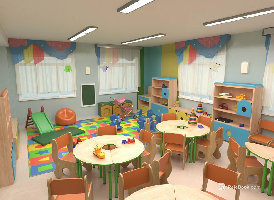 Colorful Kindergarten Classroom With Round Tables Chairs Slide Toy Shelves And Windows 3d model 