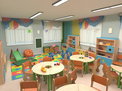 Colorful Kindergarten Classroom With Round Tables Chairs Slide Toy Shelves And Windows 3d model