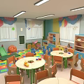Colorful Kindergarten Classroom With Round Tables Chairs Slide Toy Shelves And Windows
