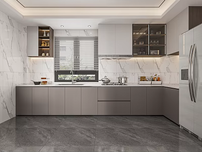 Modern Kitchen With Marble Walls Gray Cabinets And Stainless Steel Appliances 3d model