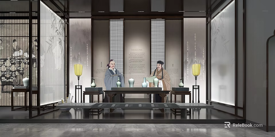 Traditional Chinese Interior Scene With Two People Tea Ceremony Lanterns And Bamboo Decor 3d model 
