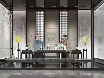 Traditional Chinese Interior Scene With Two People Tea Ceremony Lanterns And Bamboo Decor 3d model
