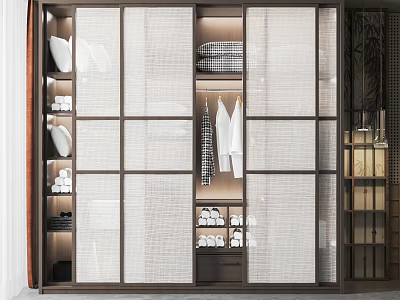 Modern Grid Door Wardrobe Interior Design With Hanging Clothes Folded Items Shoes And Lighting 3d model