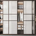 Modern Grid Door Wardrobe Interior Design With Hanging Clothes Folded Items Shoes And Lighting
