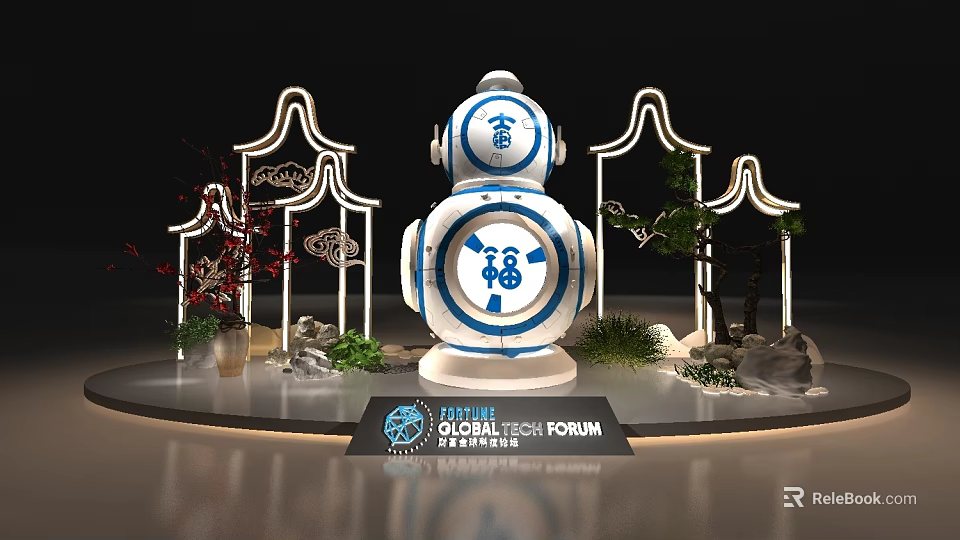 Tech Forum Display With Robot Structure Neon Decor And Plants At 2024 TIME Global Event 3d model