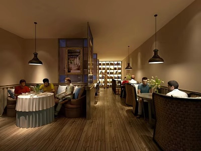 Cozy Restaurant Interior With Wooden Flooring Black Pendant Lights And Dining Tables 3d model