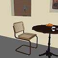 Modern Woven Dining Chair With Metal Frame And Wooden Table With Oranges
