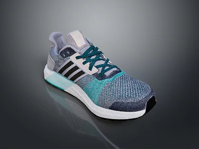 Stylish Gray And Blue Knit Upper Sneakers With Three Stripe Detail And White Sole 3d model