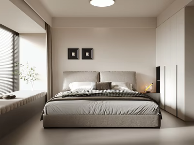 Modern Bedroom Interior Design With Comfortable Bed Nightstand Wall Decorations And Window Curtains 3d model