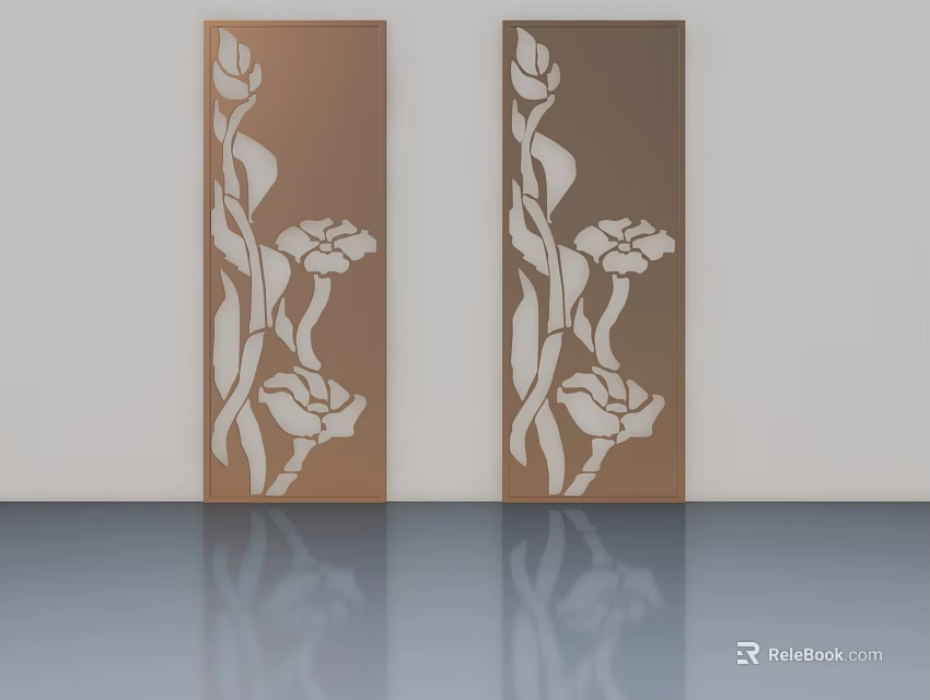 Two Swing Doors with White Floral Patterns on Copper Surface and Reflective Floor 3d model