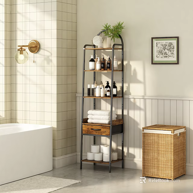 Bathroom Storage Shelf Unit With Metal Frame Wooden Drawer Bottles Towels And Plants 3d model 