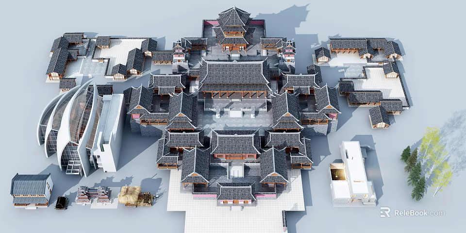 Ancient Architectural Complex With Traditional Grey Tile Roofs And Symmetrical Courtyard Layout 3d model