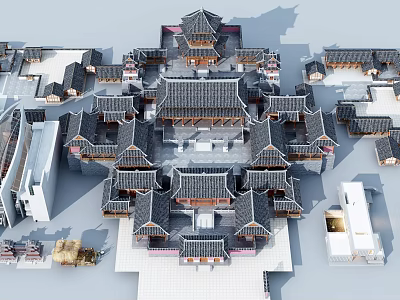 Ancient Architectural Complex With Traditional Grey Tile Roofs And Symmetrical Courtyard Layout 3d model