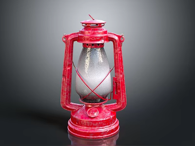 Antique Red Kerosene Lantern With Metal Frame And Glass Shade On Dark Background 3d model