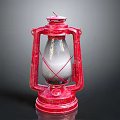 Antique Red Kerosene Lantern With Metal Frame And Glass Shade On Dark Background