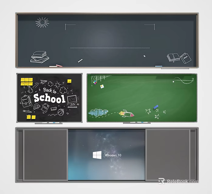 Classroom Wall With Black Green Board School Elements Stationery Books Grey And Windows 10 Interface 3d model 