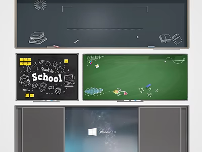 Classroom Wall With Black Green Board School Elements Stationery Books Grey And Windows 10 Interface 3d model