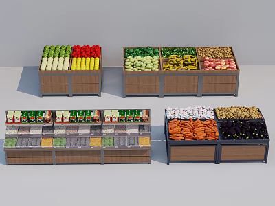Neatly Arranged Retail Display Shelves Holding Various Vegetables Fruits and Bottled Items 3d model