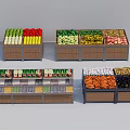 Neatly Arranged Retail Display Shelves Holding Various Vegetables Fruits and Bottled Items