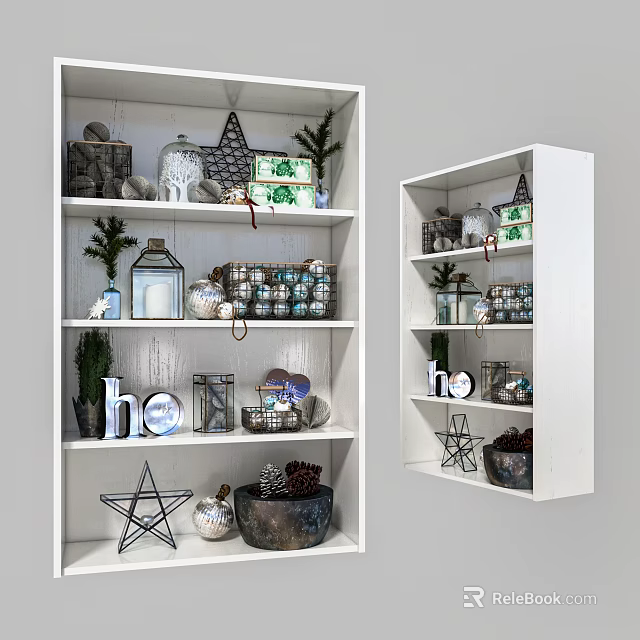 White Decorative Cabinet With Shelves Lanterns Star Decorations Baskets Vases And Plants 3d model 
