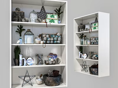 White Decorative Cabinet With Shelves Lanterns Star Decorations Baskets Vases And Plants 3d model