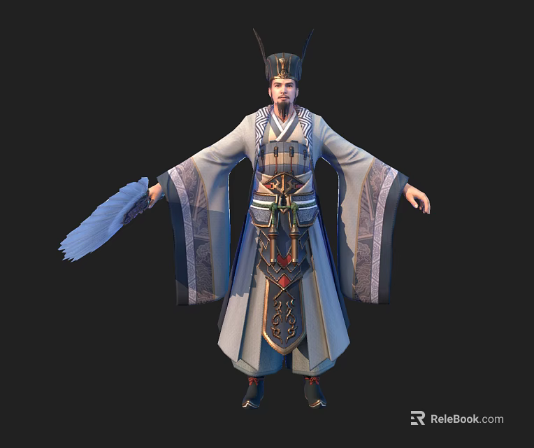 Ancient Chinese Character In Traditional Robed Costume With Dragon Pattern And Fan 3d model 