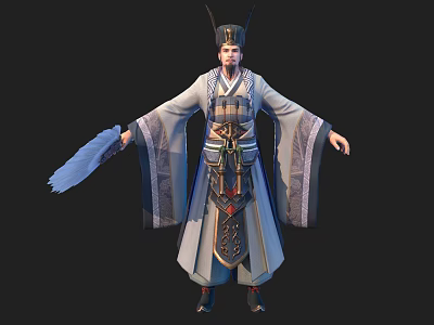 Ancient Chinese Character In Traditional Robed Costume With Dragon Pattern And Fan 3d model