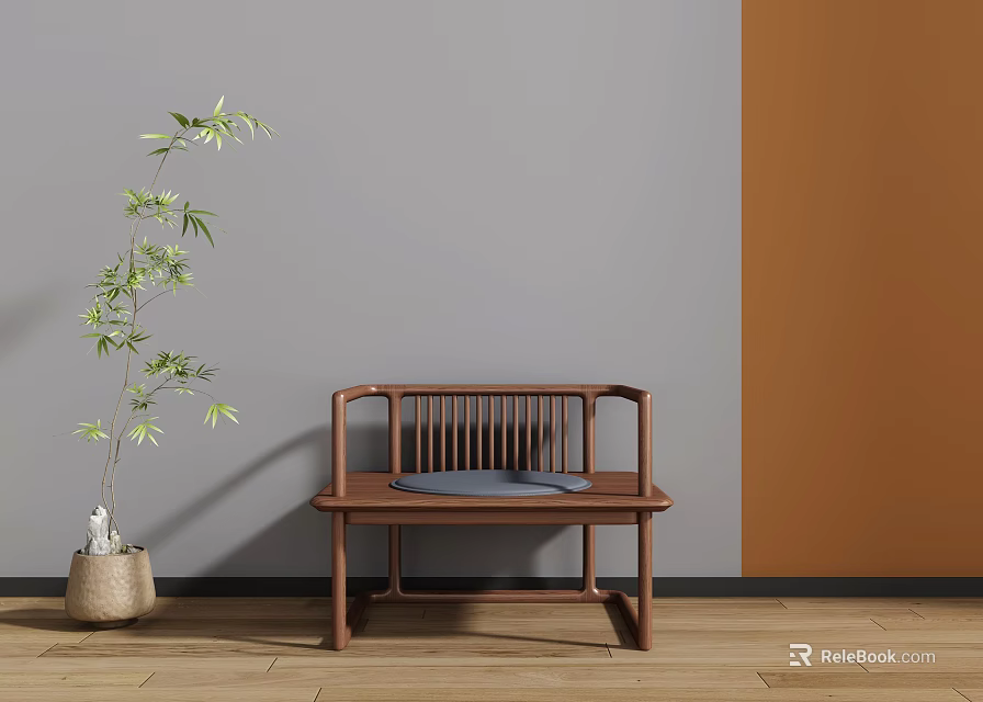 Wooden Brown Leisure Chair In Modern Interior With Potted Plant And Gray Orange Walls 3d model 