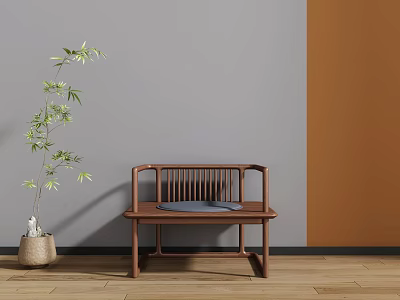 Wooden Brown Leisure Chair In Modern Interior With Potted Plant And Gray Orange Walls 3d model
