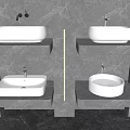 Stylish Square And Round Washbasins On Gray Marble Wall Mounted Shelves With Built In Lighting