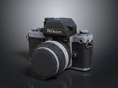 Vintage Nikon SLR Camera With Classic Black Silver Body And Lens Cap 3d model