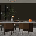 Modern Restaurant Interior With Round Dining Table Chairs Chandelier Wall Decor And Plants Lighting
