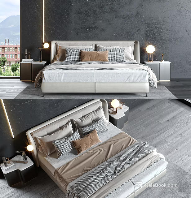Modern Double Bed with Plush Pillows Soft Linens and Stylish Nightstands Table Lamps 3d model 
