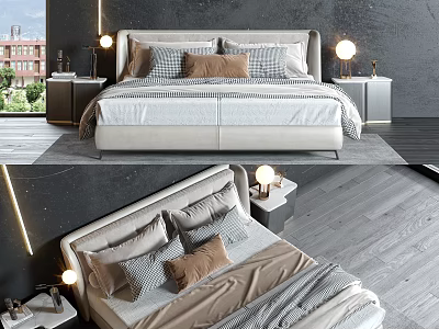 Modern Double Bed with Plush Pillows Soft Linens and Stylish Nightstands Table Lamps 3d model