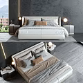 Modern Double Bed with Plush Pillows Soft Linens and Stylish Nightstands Table Lamps