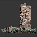 Miniature Stacked Brick Tower Structure With Green Mossy Base Elements