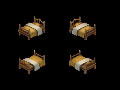 Classic Wooden Bed Furniture With Yellow Quilt And White Bedding Design 3d model