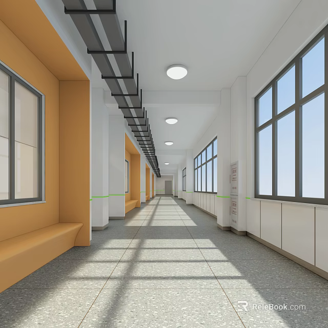 Modern Long Corridor With Yellow And White Walls Windows Bench And Ceiling Lights 3d model 