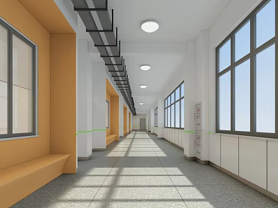 Modern Long Corridor With Yellow And White Walls Windows Bench And Ceiling Lights 3d model