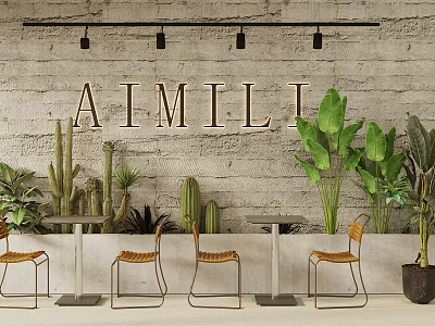 Cafe Interior With Concrete Wall AIMILI Lettering Green Plants Tables And Wooden Chairs 3d model