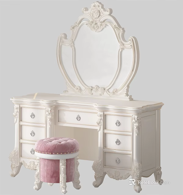 Classic White Vanity With Ornate Carvings Large Mirror And Pink Padded Stool 3d model 