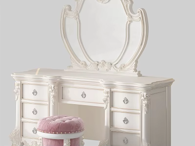 Classic White Vanity With Ornate Carvings Large Mirror And Pink Padded Stool 3d model