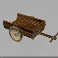 Traditional Wooden Cart With Large Spoked Wheel And Wooden Handle Frame