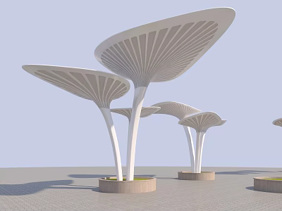 Modern White Mushroom Shaped Pergola With Canopy Structure And Circular Bases 3d model