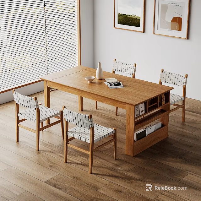Modern Minimalist Wooden Dining Table with Woven Chairs and Storage Shelf 3d model 