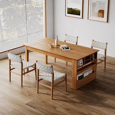 Modern Minimalist Wooden Dining Table with Woven Chairs and Storage Shelf 3d model