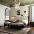 Modern Bedroom Interior With Green Ceiling Chandelier Decorative Art And Large Windows