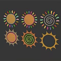 Six Golden Sun Decorative Patterns On Dark Background With Reflections