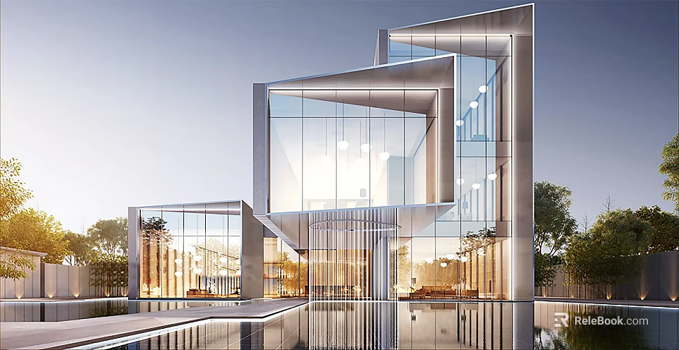 Modern Sales Office Building With Glass Curtain Walls Water Feature And Bright Interior Design 3d model 